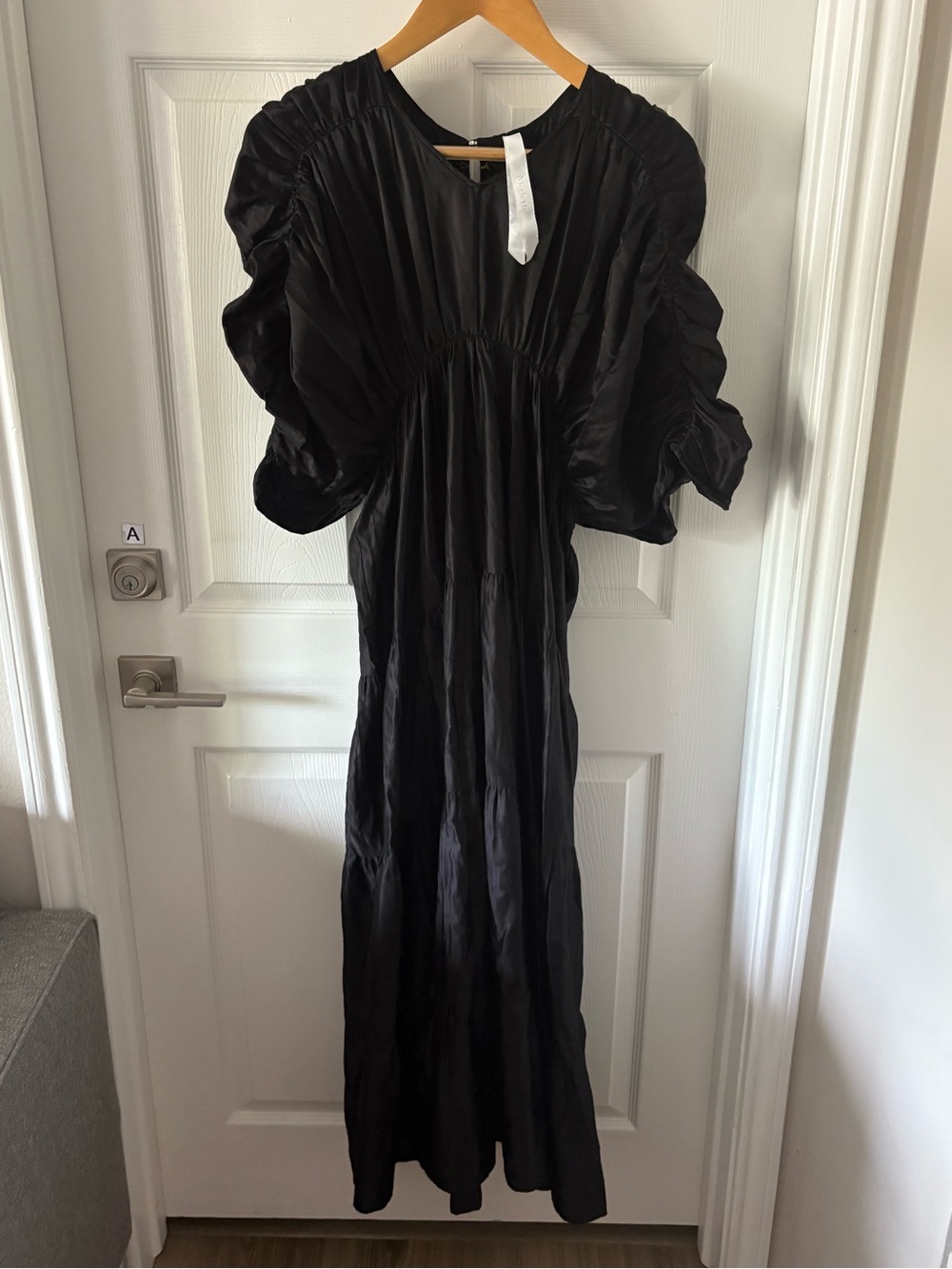 Merlette Black Athene Cotton Ruched Tiered Midi Dress Puff Sleeve Size S - Picture 3 of 7